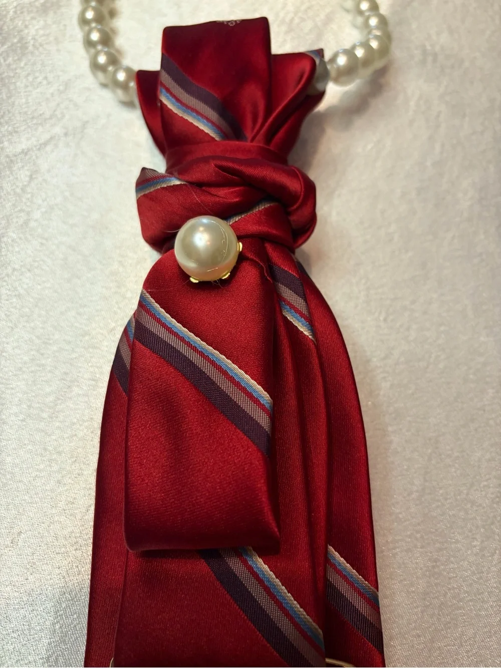 Dior Red Striped Silk Scarf Tie with Pearl Accents